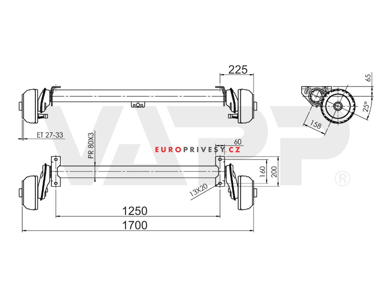 Náprava AL-KO Compact B 850-10 (1000 kg) a=1250 mm, c=1700 mm, 2051, 100x4