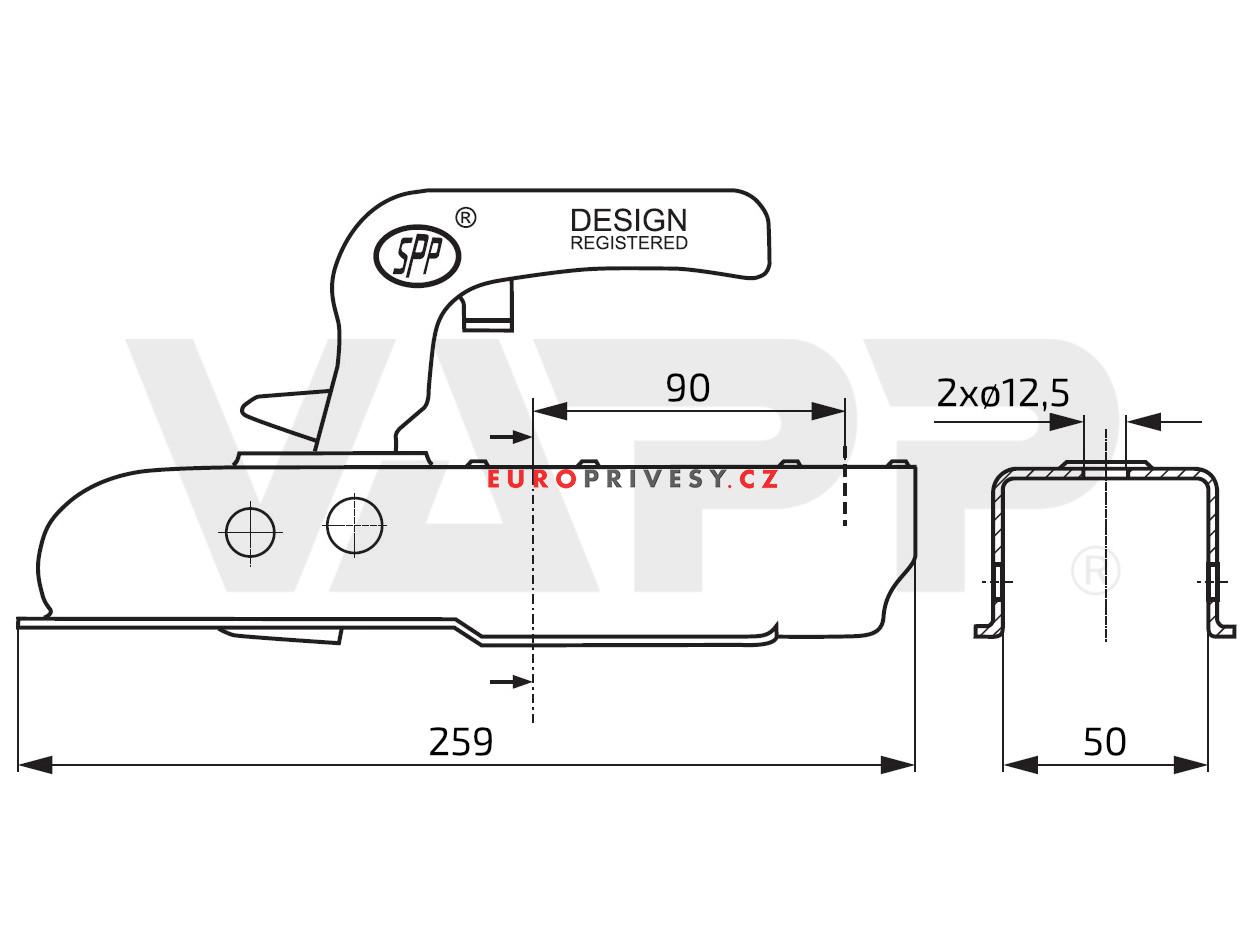 Tažná spojka SPP ZSK-750H, 750 kg, 50x50 mm, V12