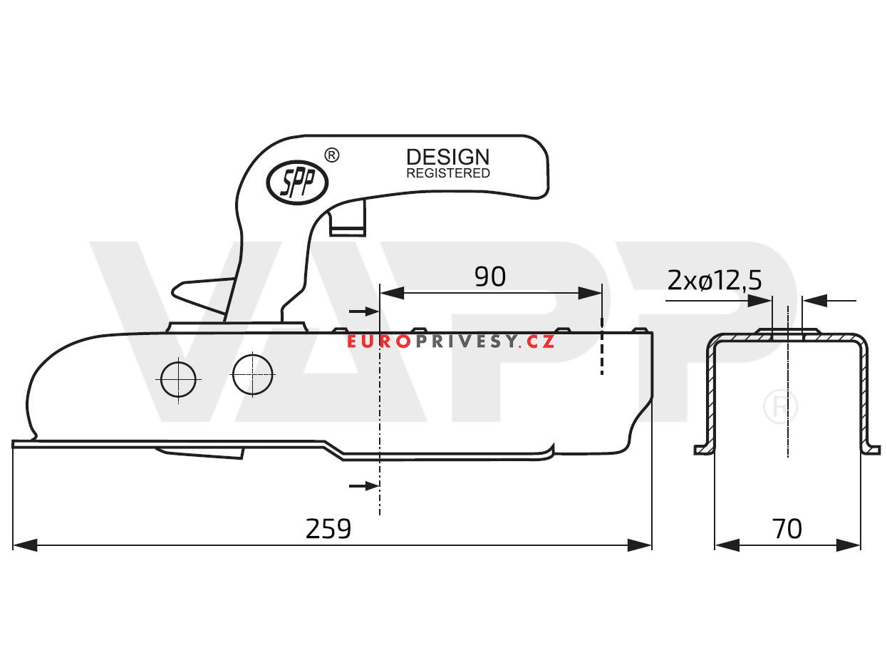 Tažná spojka SPP ZSK-750J, 750 kg, 70x70 mm, V12