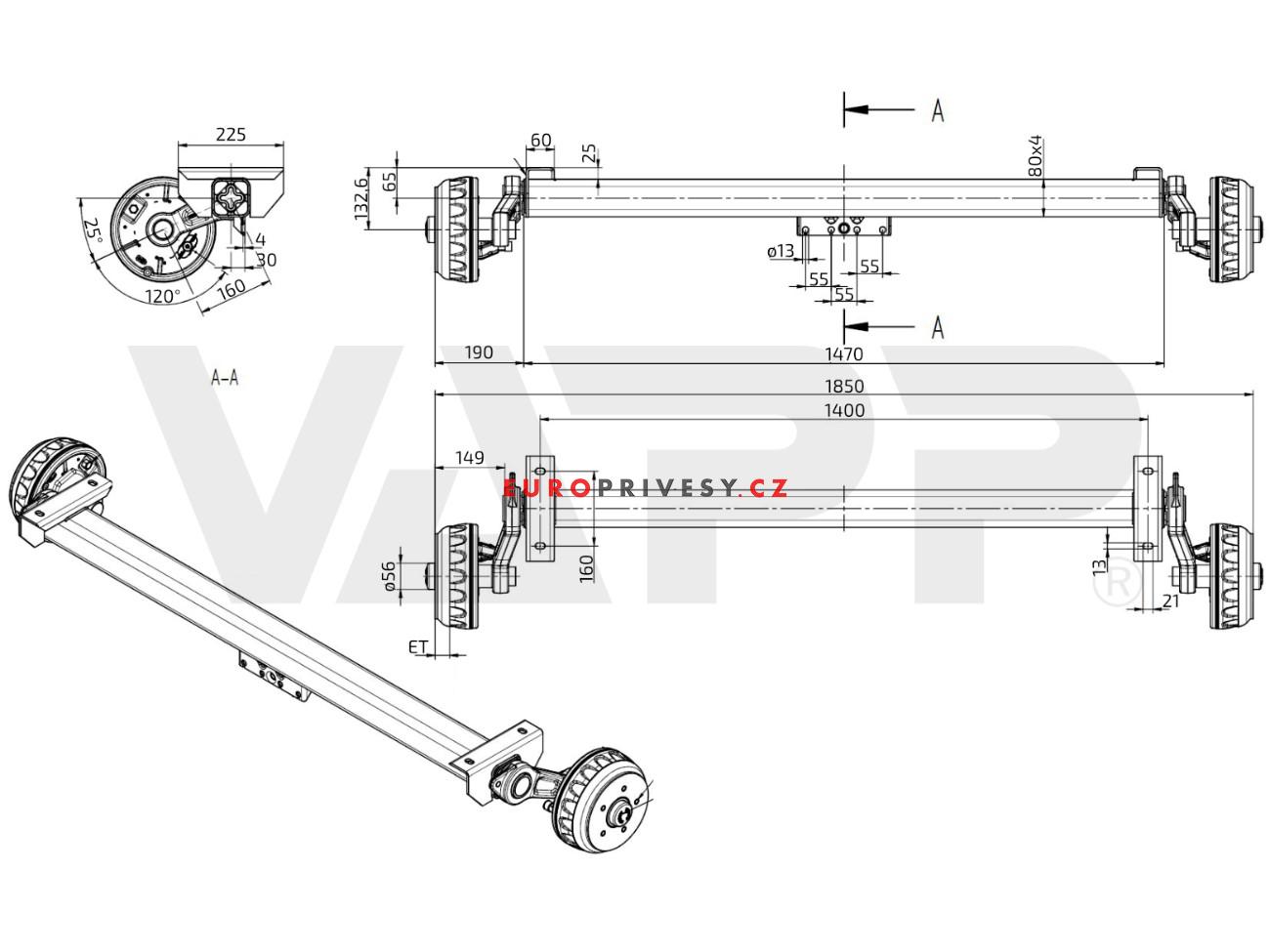 Náprava KNOTT VGB 13 (1350 kg) a=1400 mm, c=1850 mm, 200x50, 112x5