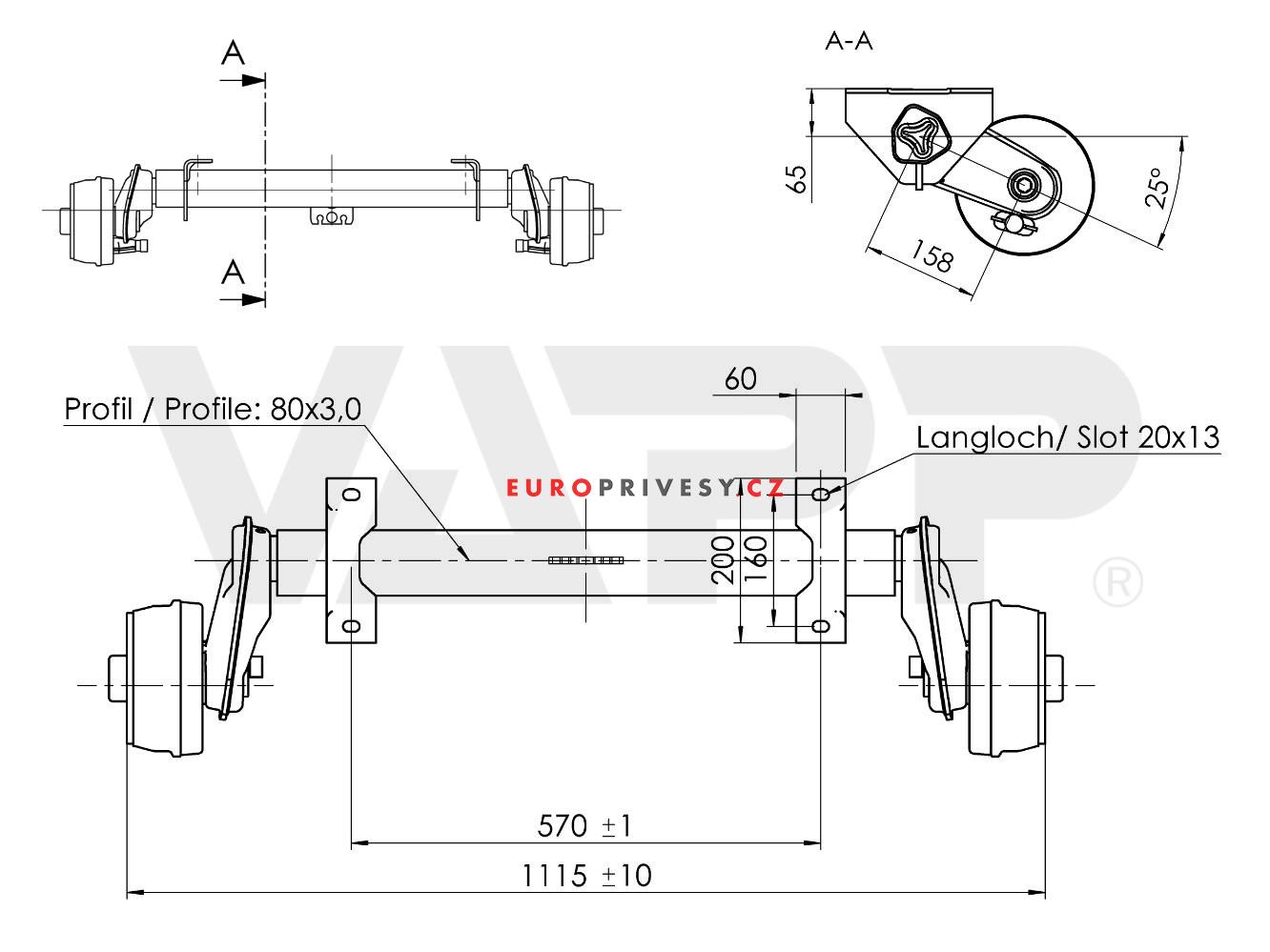Náprava AL-KO Compact B 850-5 (900 kg) a= 570 mm, c=1115 mm, 1637, 100x4