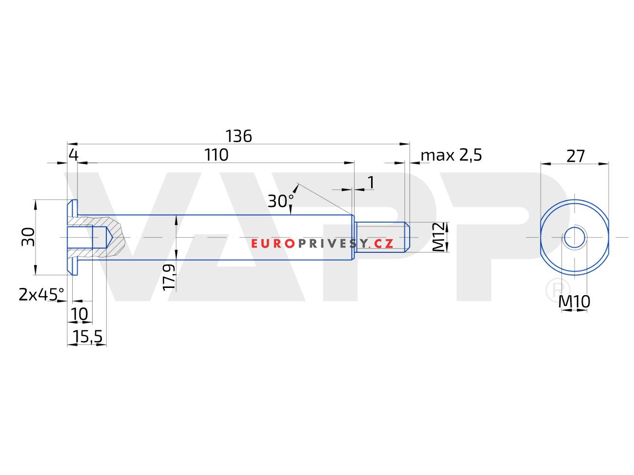 Čep páky ruční brzdy KNOTT KR 20, 110 mm
