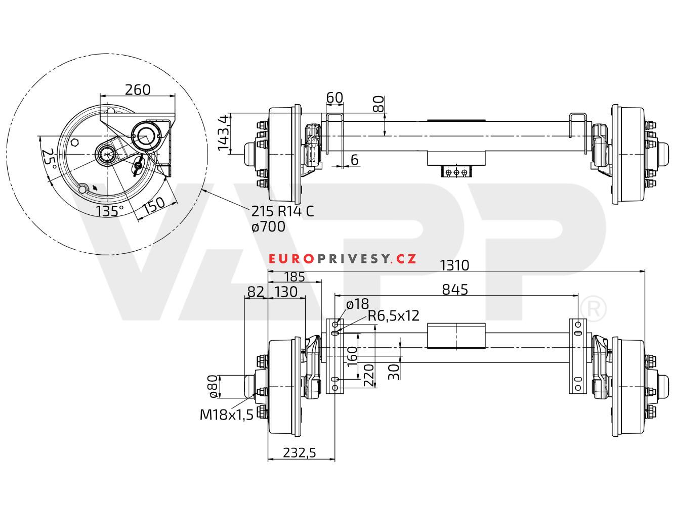 Náprava KNOTT GB 30S (3000 kg) b= 845 mm, c=1310 mm, 300x60, 205x6
