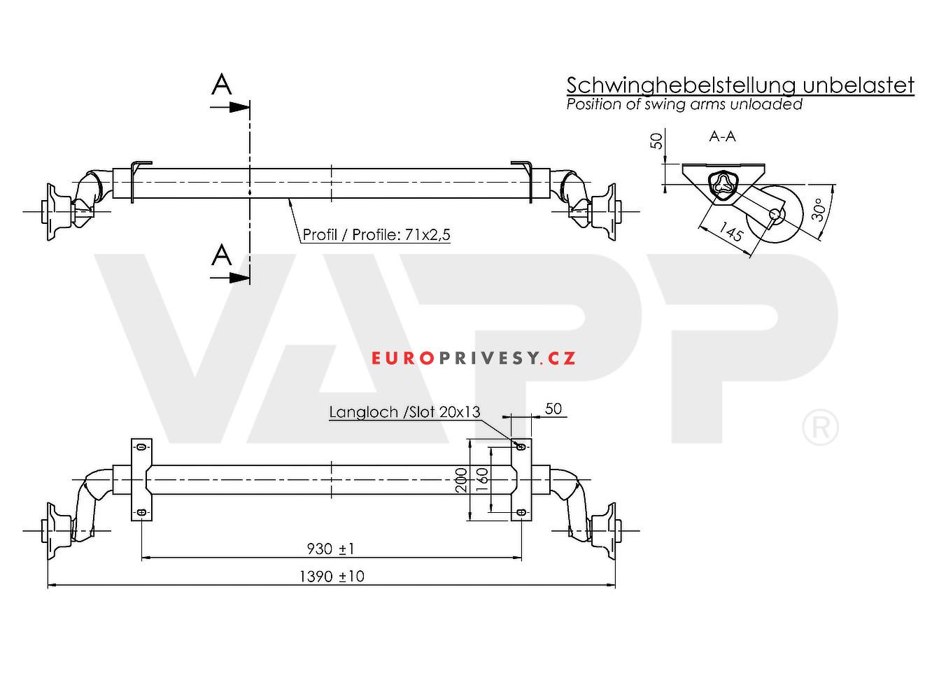 Náprava AL-KO UBR 700-5 (750 kg) a=930 mm, c=1390 mm, 100x4, patky 50