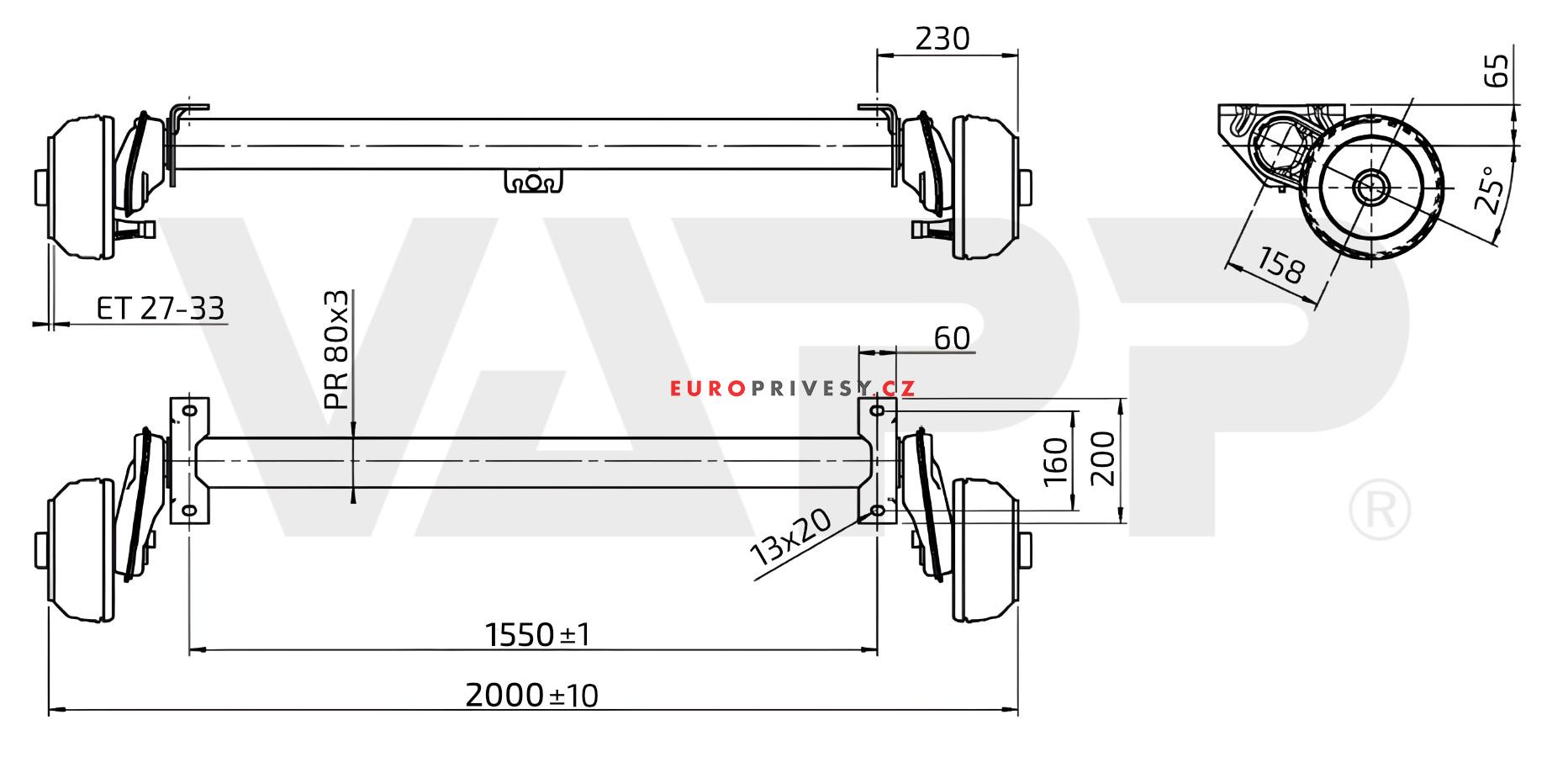Náprava AL-KO Compact B 850-10 (1000 kg) a=1550 mm, c=2000 mm, 2051, 100x4