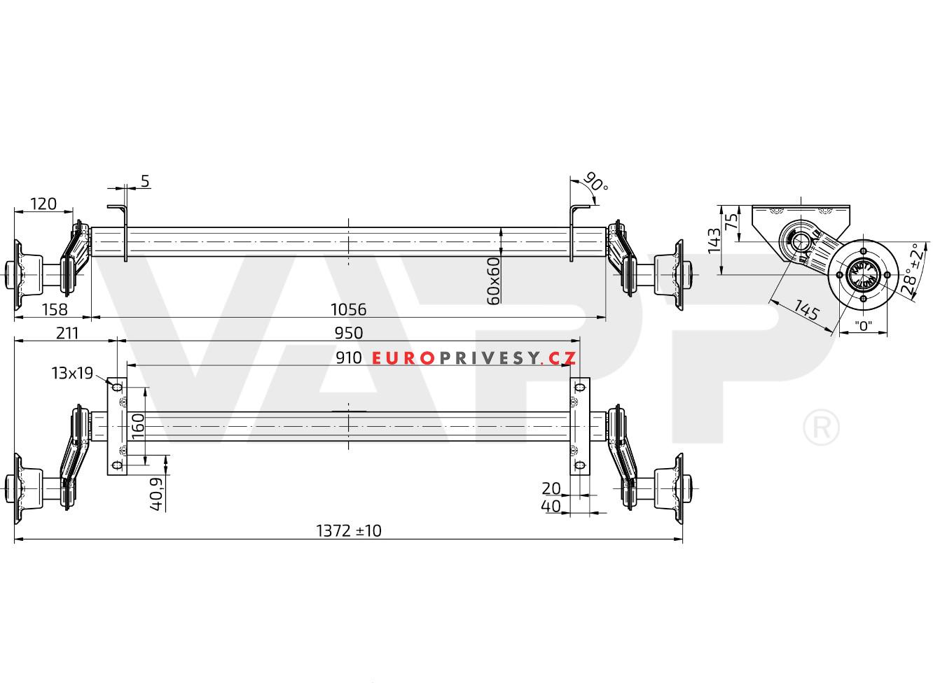 Náprava Knott VG 7-L (750 kg) b=950 mm, c=1372 mm, 100x4