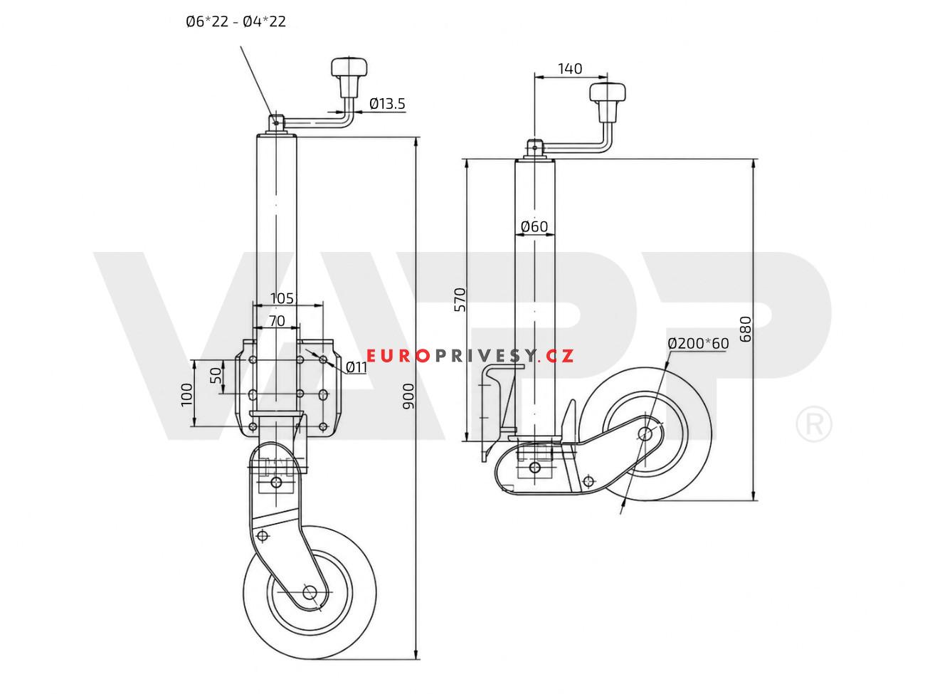 Kolečko opěrné automat DTR 60 200x60 500 kg, zesílený disk 570 mm