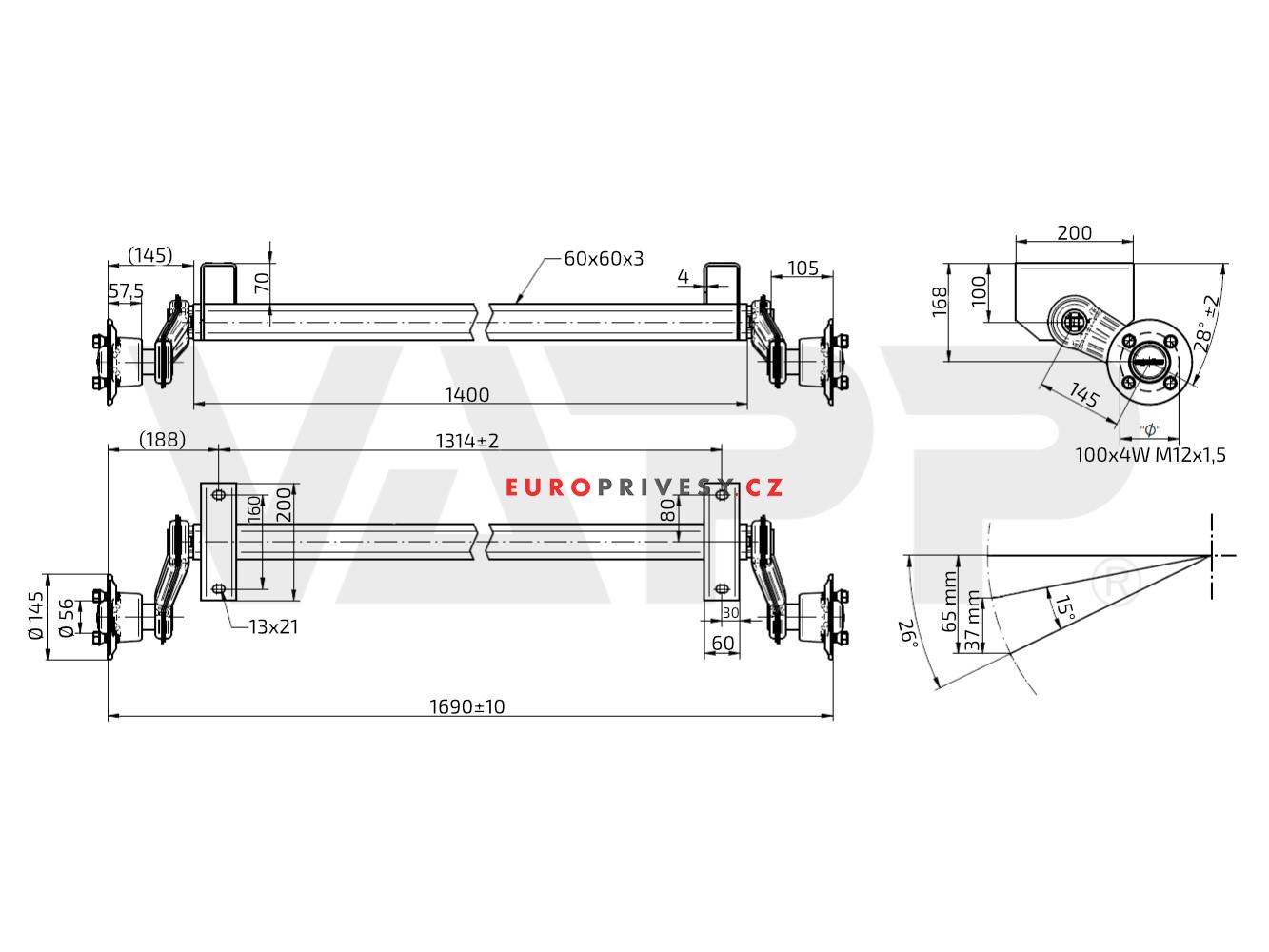 Náprava KNOTT VG 7L (750 kg) b=1314 mm, c=1690 mm, 100x4, AGA KIT EM/EP 3, 5, 6