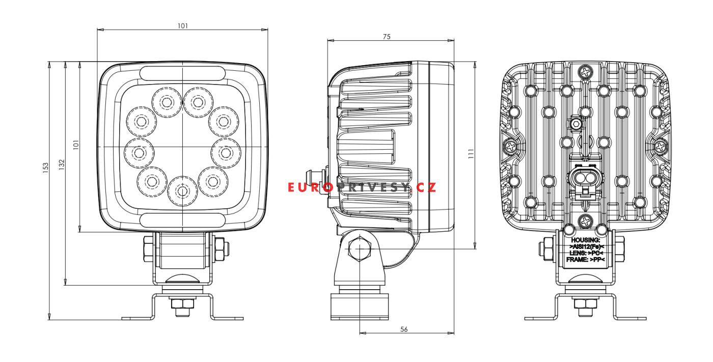 Svítilna pracovní WAS W143 LED 3000 km, 12-70V, konektor Superseal