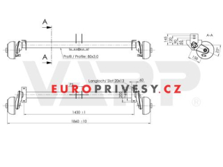 Náprava AL-KO B 850-10 (1000 kg) a=1430 mm, c=1860 mm, 2051, 112x5, navářka na oj